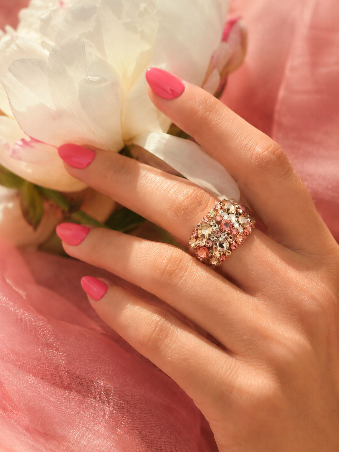 Statement Ring mit Swarovski Kristallen in Rosa und Champagner