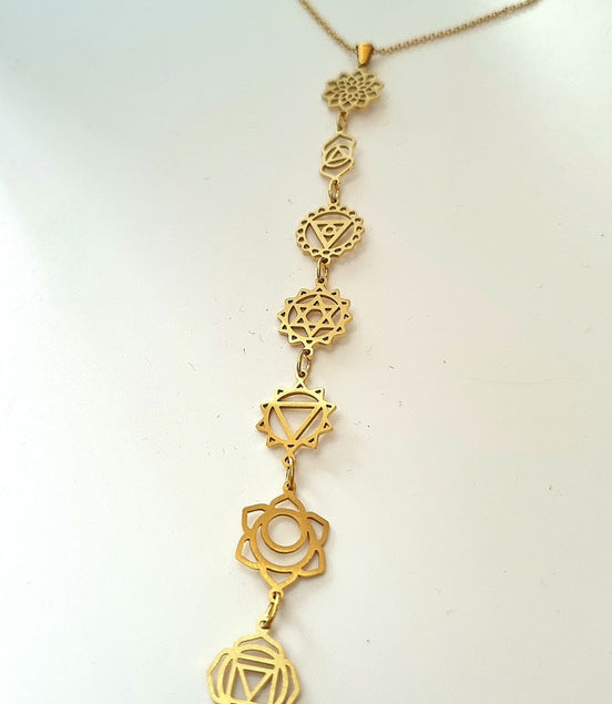 Chakra Kette gold aus Edelstahl – Halskette mit sieben Chakra-Symbolen