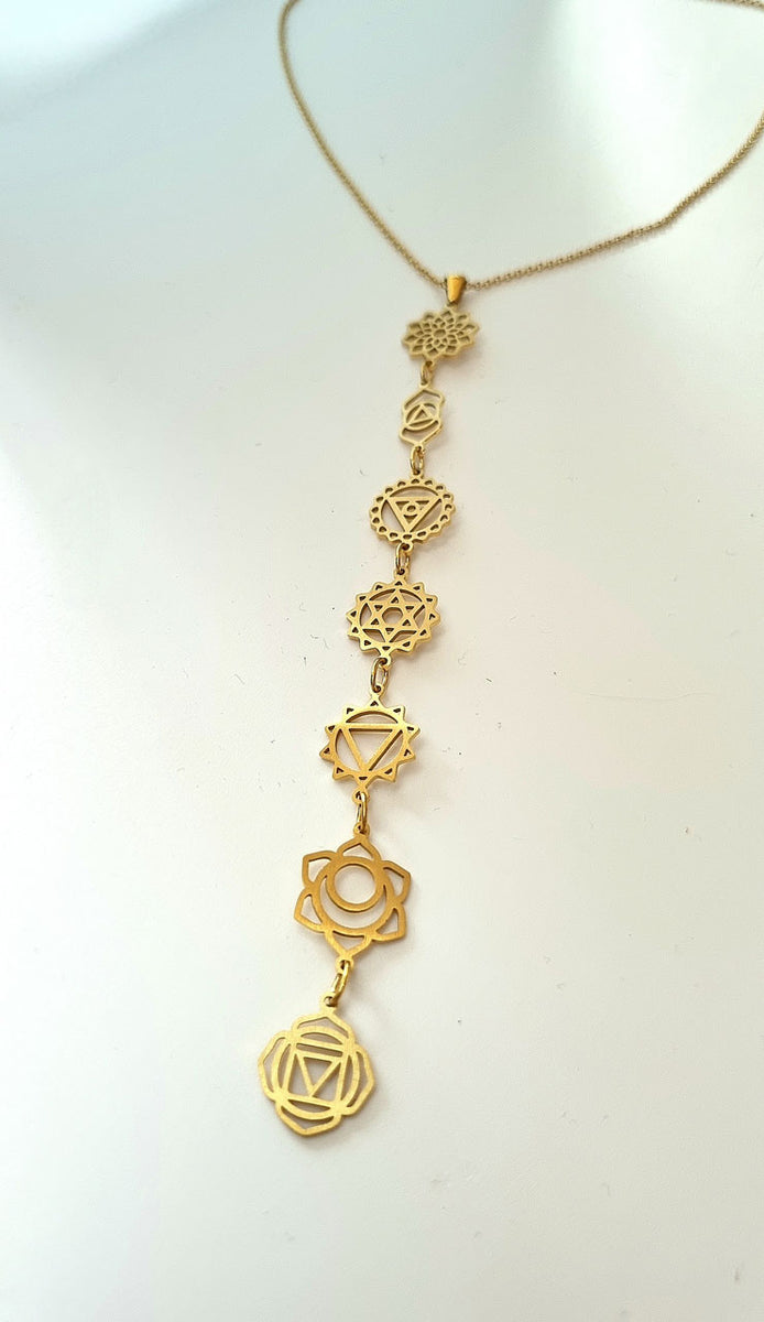 Chakra Kette gold aus Edelstahl – Halskette mit sieben Chakra-Symbolen