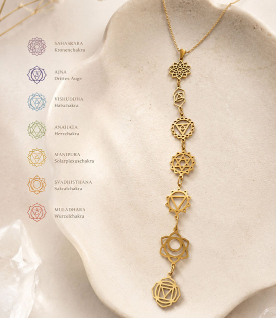 Chakra Kette gold aus Edelstahl – Halskette mit sieben Chakra-Symbolen