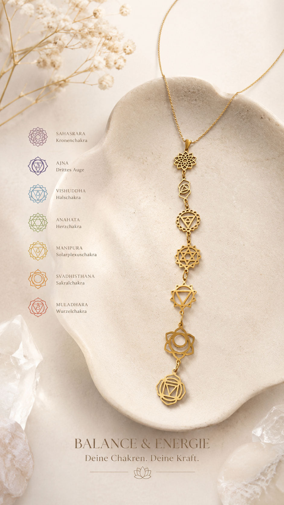 Chakra Kette gold aus Edelstahl – Halskette mit sieben Chakra-Symbolen