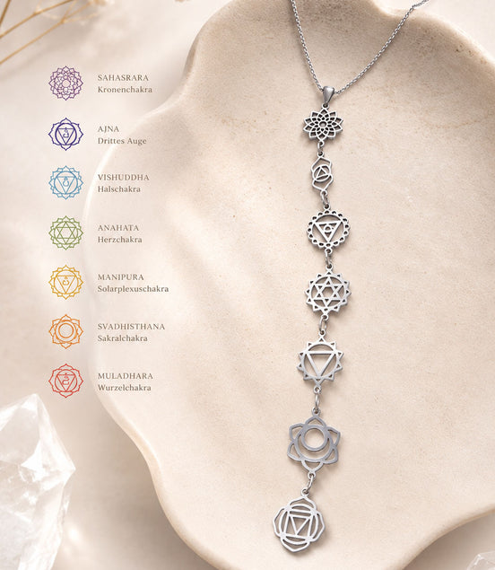 Chakra Halskette aus Edelstahl – silberfarbene mit sieben Chakra-Symbolen