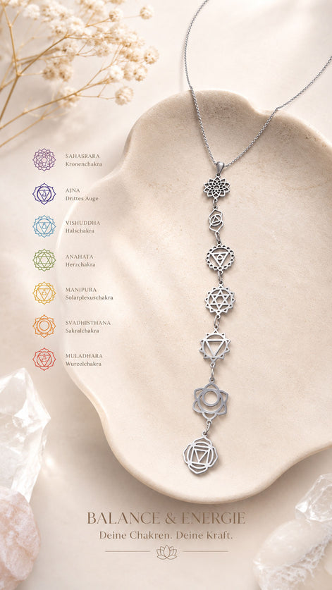 Chakra Halskette aus Edelstahl – silberfarbene mit sieben Chakra-Symbolen