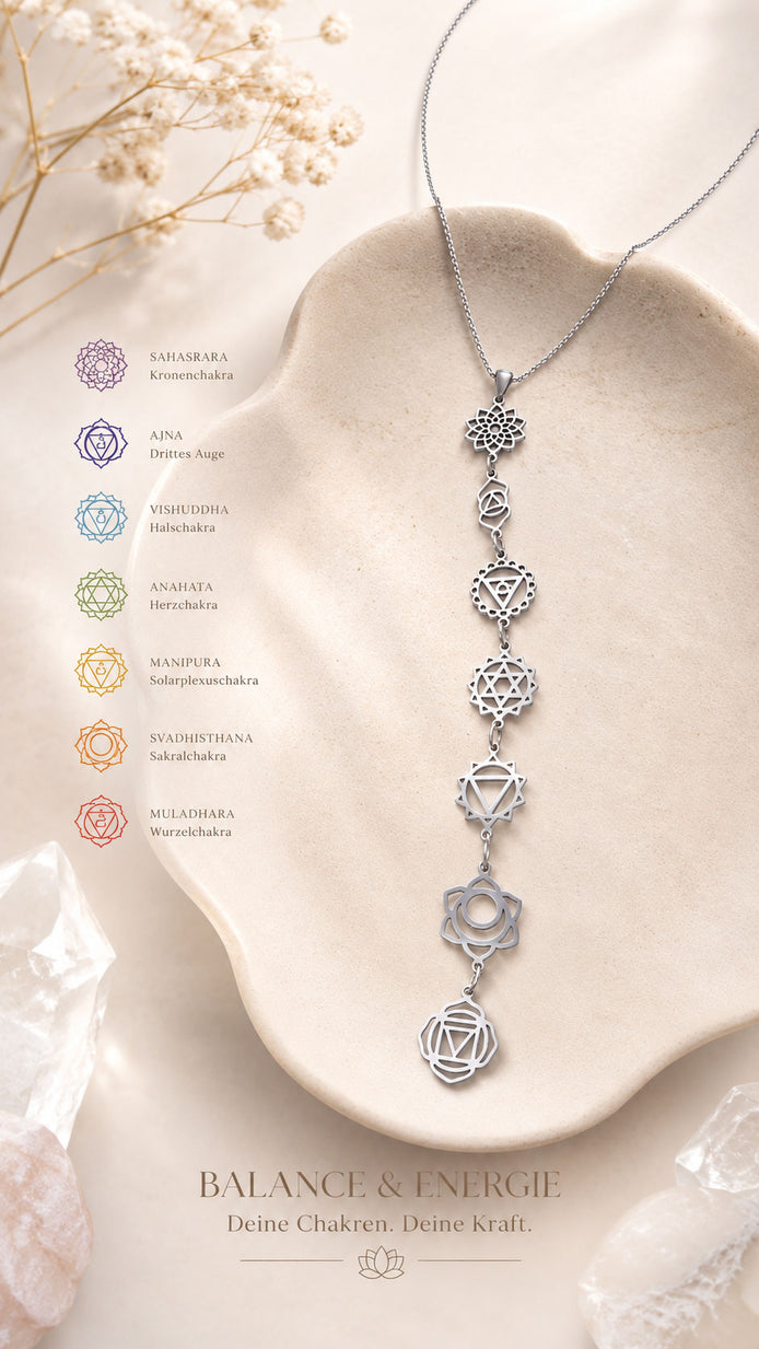 Chakra Halskette aus Edelstahl – silberfarbene mit sieben Chakra-Symbolen