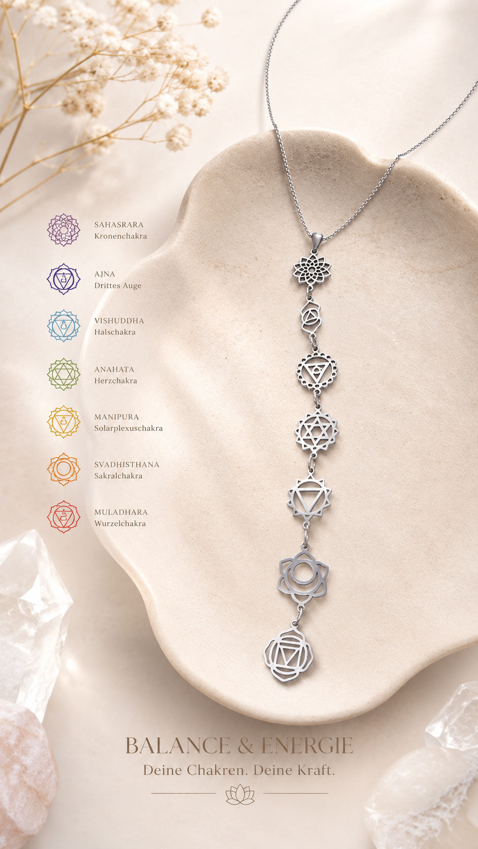 Chakra Halskette aus Edelstahl – silberfarbene mit sieben Chakra-Symbolen