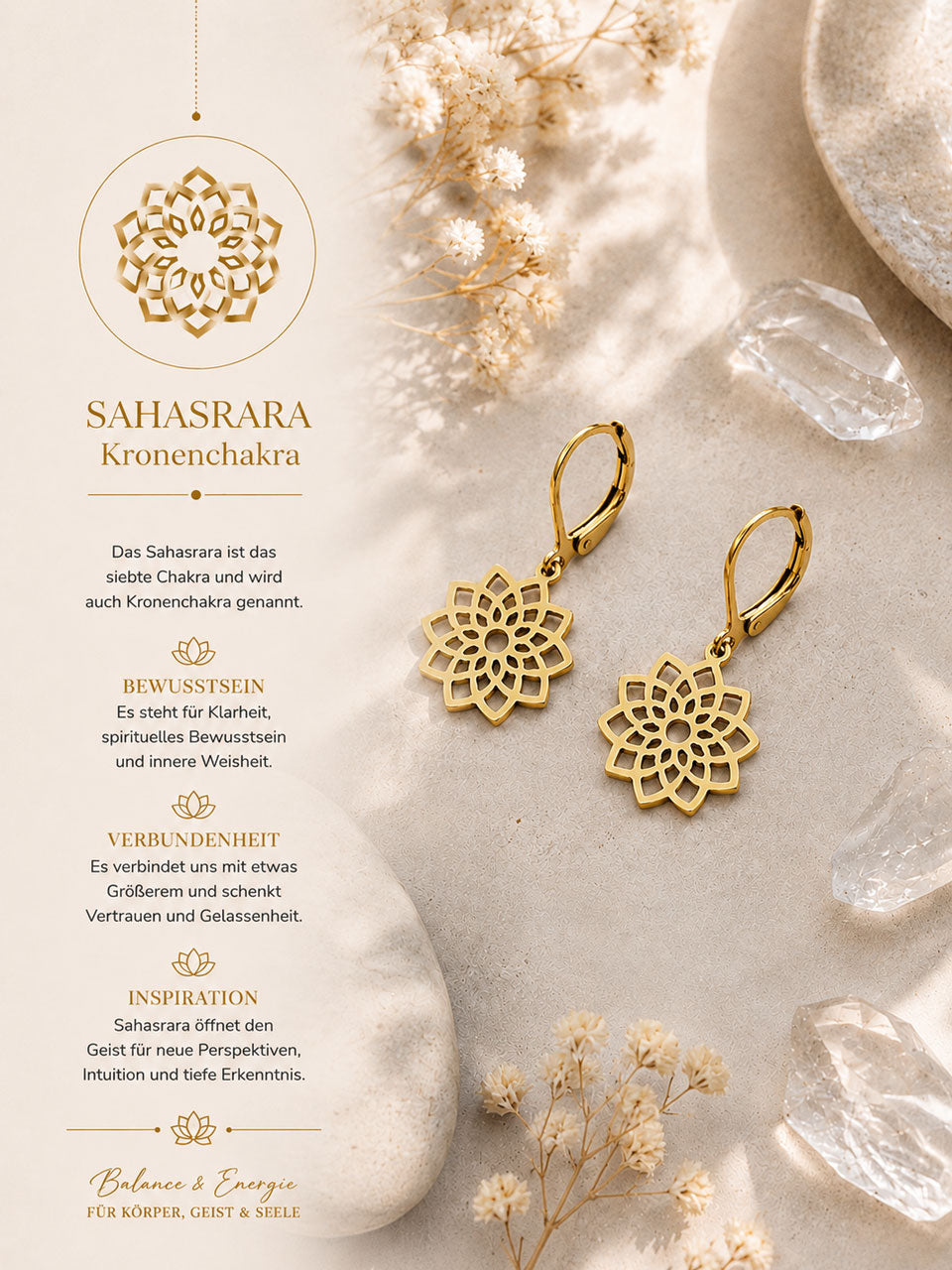 Chakra Ohrringe gold mit Kronenchakra-Symbol für innere Harmonie