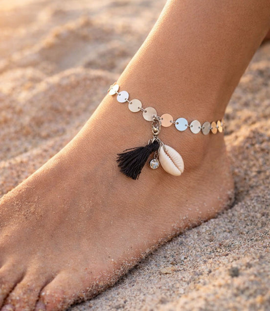 Fußkette Silber mit Münzplättchen & Swarovski® Kristall – Edelstahl