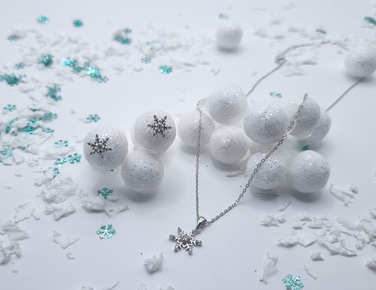 Silver snowflake necklace with cubic zirconia – 925 sterling silver, rhodium-plated – handmade