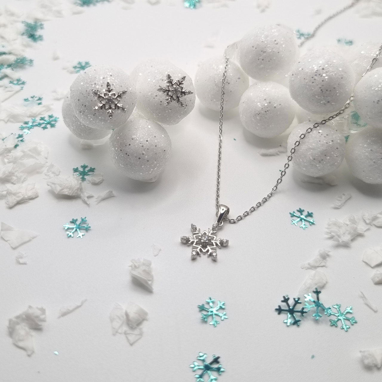 Silver snowflake necklace with cubic zirconia – 925 sterling silver, rhodium-plated – handmade