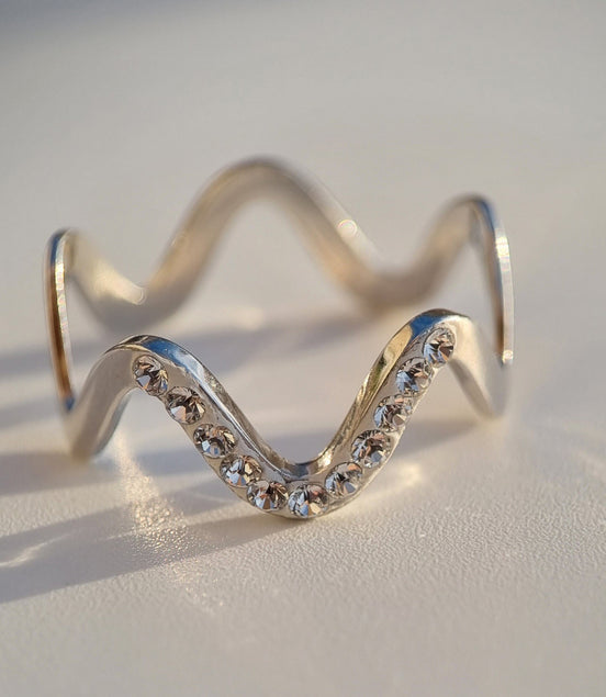 Silver wave ring with genuine Swarovski crystals