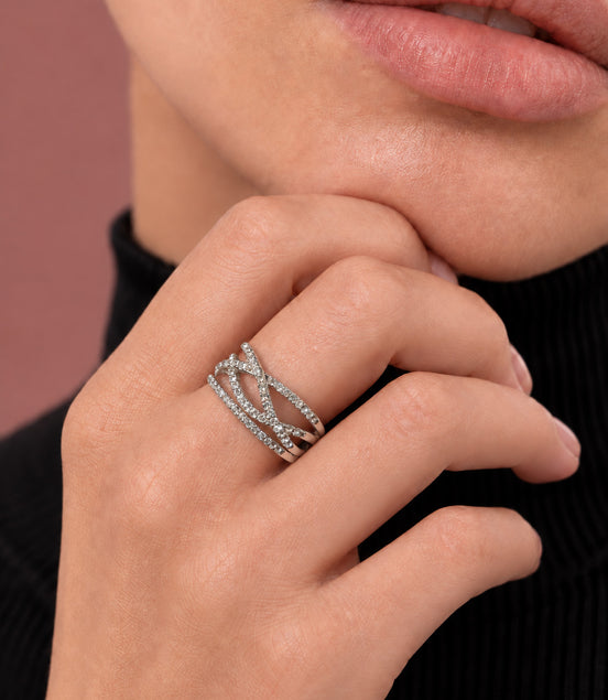 Wide silver ring, 925 silver – multi-row with Swarovski crystals