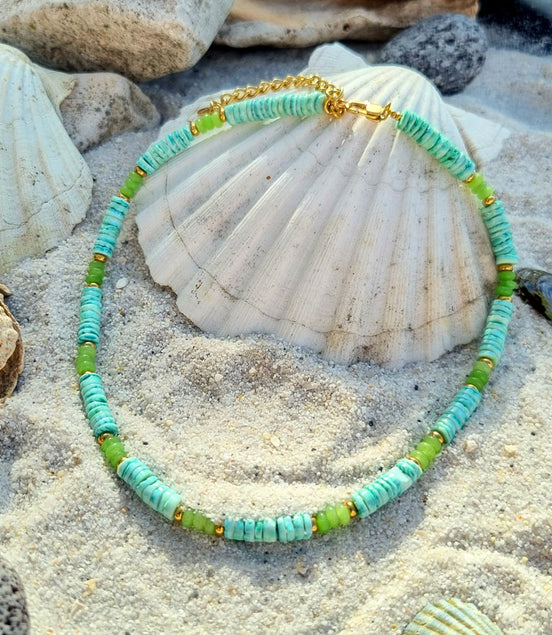 Halskette Türkis  mit Grüntönen – Natursteine & Muscheln Boho