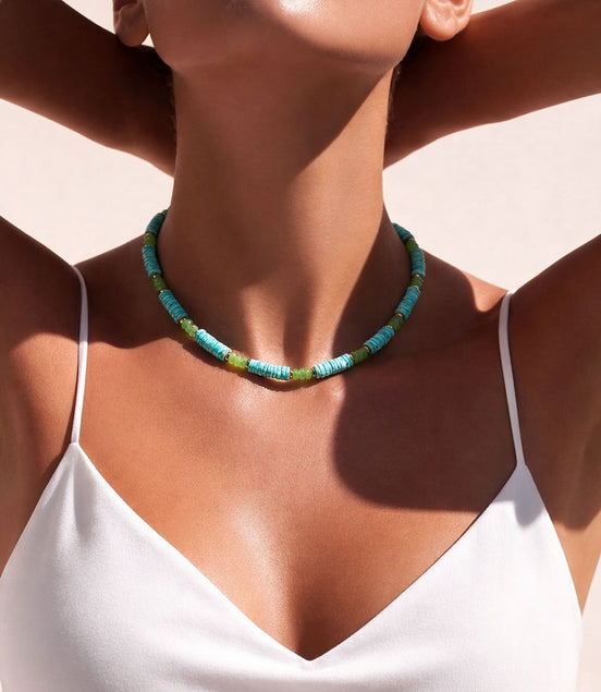 Halskette Türkis  mit Grüntönen – Natursteine & Muscheln Boho