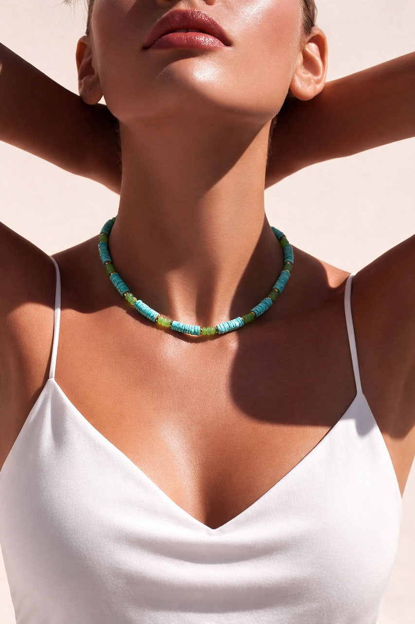 Halskette Türkis  mit Grüntönen – Natursteine & Muscheln Boho