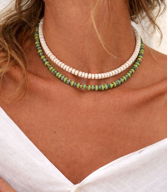 Necklace with Natural Stones & Green Heishi Beads – Stainless Steel