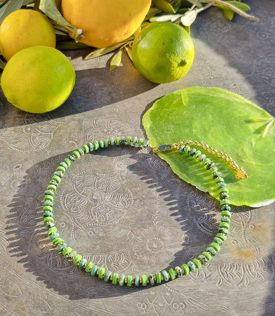 Necklace with Natural Stones & Green Heishi Beads – Stainless Steel