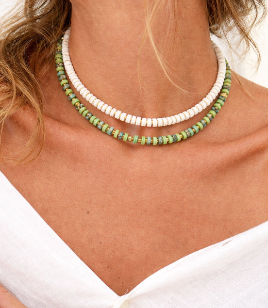Necklace with White Natural Stones & Heishi Beads – Stainless Steel