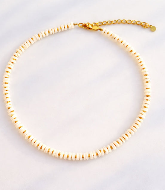 Necklace with White Natural Stones & Heishi Beads – Stainless Steel