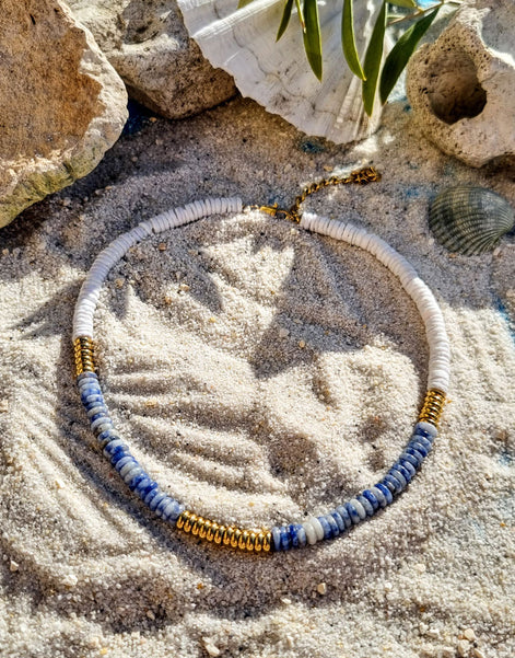 Boho Halskette mit Natursteinen & Muscheln – Edelstahl