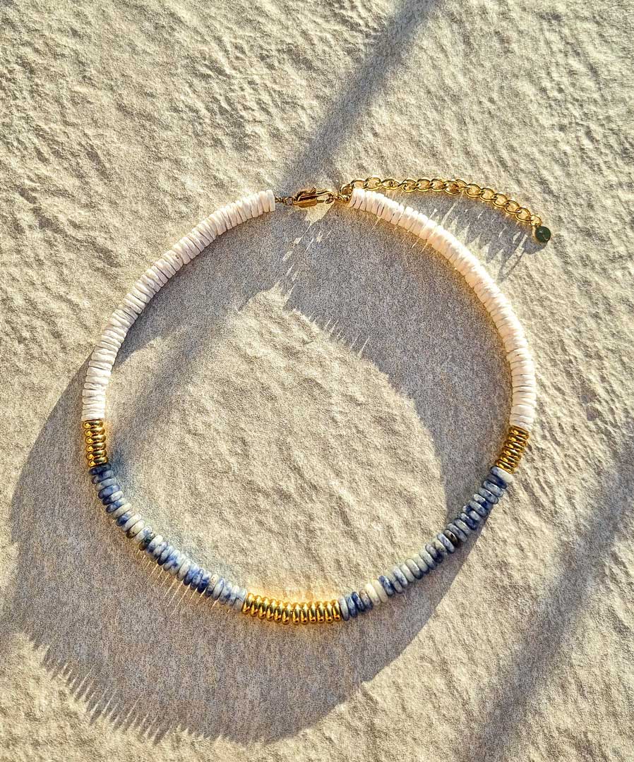 Boho Halskette mit Natursteinen & Muscheln – Edelstahl