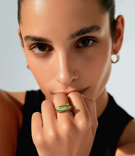 Ring goldfarben mit Türkis, zweireihig offen