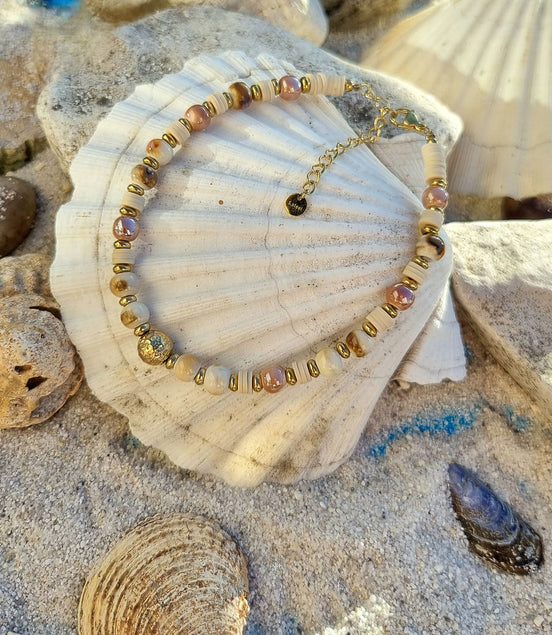 Cheville coloris naturel et doré – Perles en céramique et Heishi
