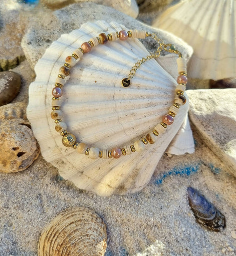 Cheville coloris naturel et doré – Perles en céramique et Heishi