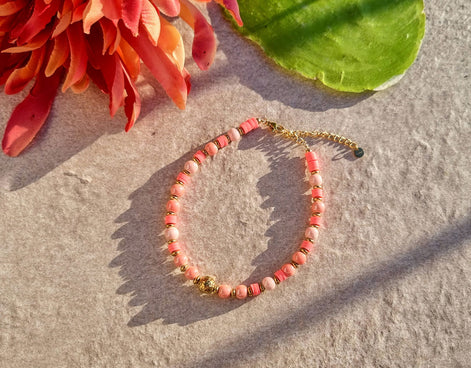 Anklet pink with ceramic & heishi  beads