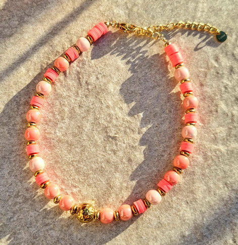 Anklet pink with ceramic & heishi  beads