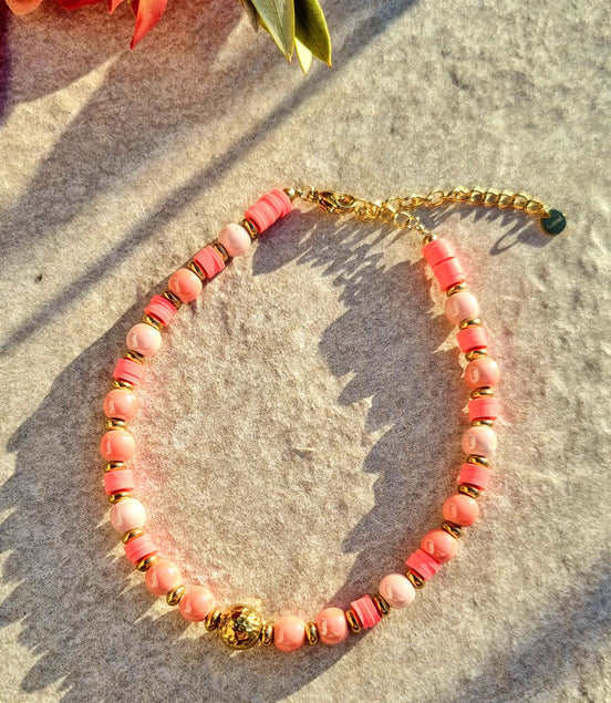 Chaîne de cheville rose avec perles en céramique et Heisihi