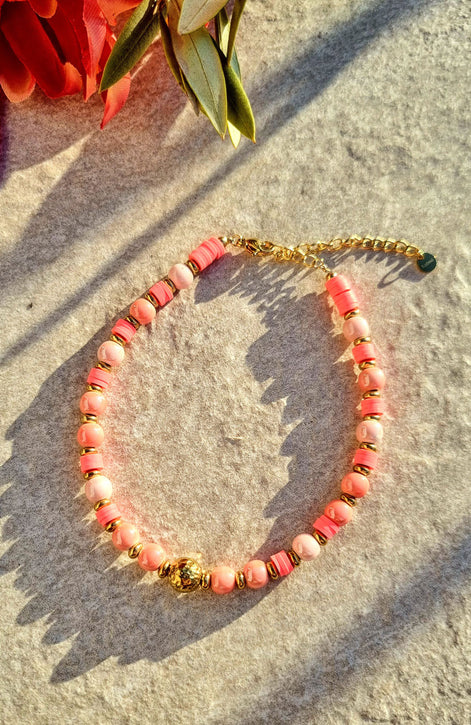 Anklet pink with ceramic & heishi  beads