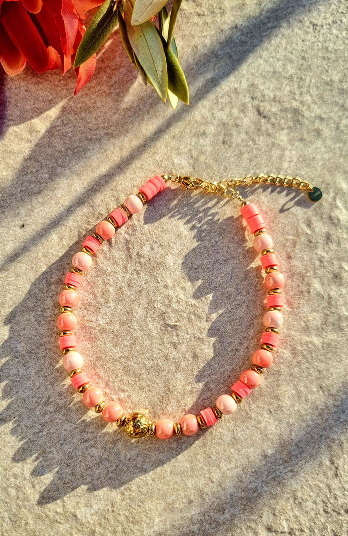 Anklet pink with ceramic & heishi  beads