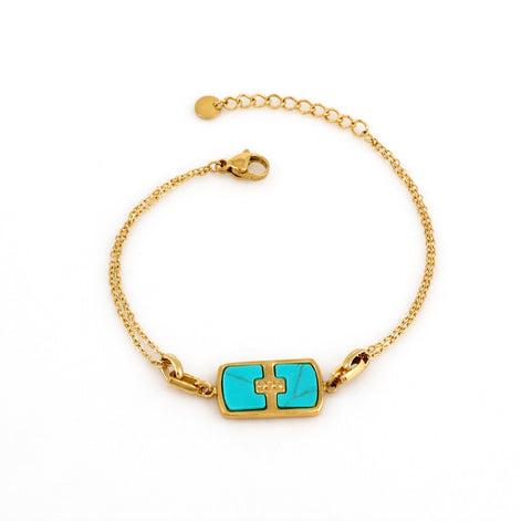 Armkettchen goldfarben, Edelstahl mit Perlmutt-Anhänger türkis– Doppelreihig