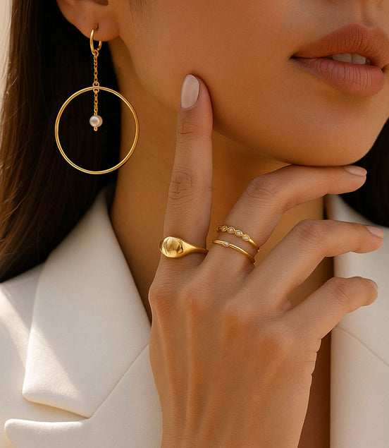 Ohrhänger - Creolen mit Kette, Ring und Süßwasserperle