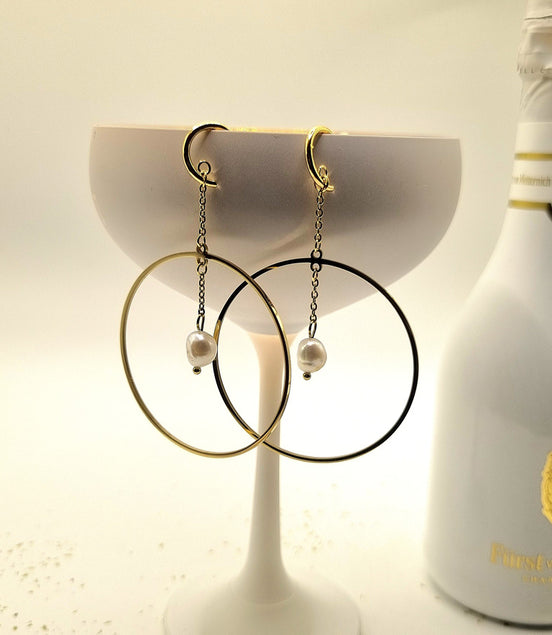 Ohrhänger - Creolen mit Kette, Ring und Süßwasserperle