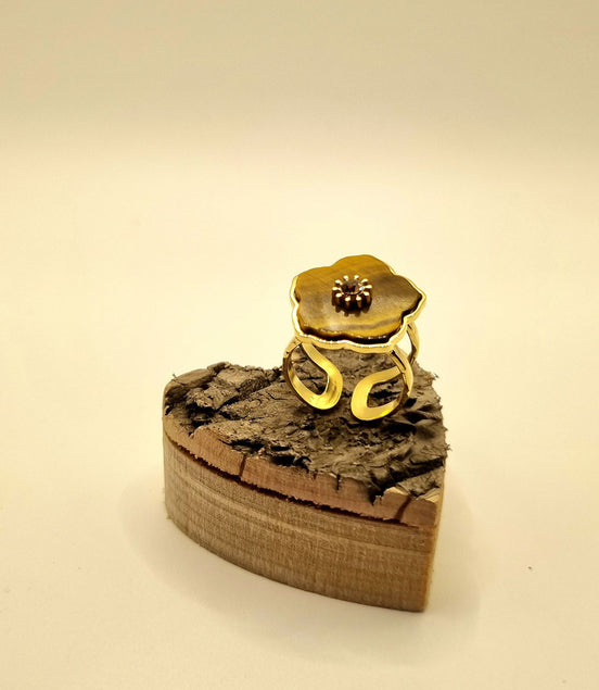 Ring, goldfarben mit Tigerauge-Blüte & Strassstein – Edelstahl, größenverstellbar