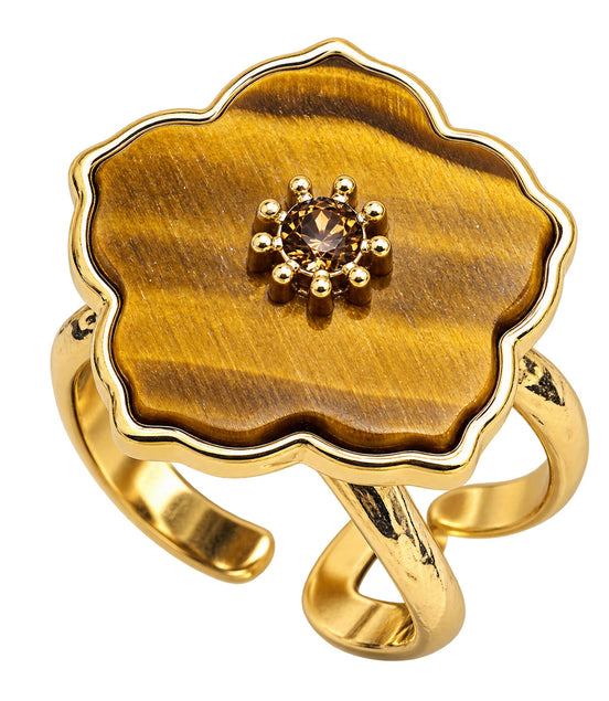 Bague dorée ornée d'une fleur œil-de-tigre et de strass – acier inoxydable, taille ajustable
