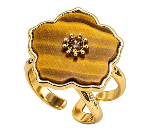 Ring, goldfarben mit Tigerauge-Blüte & Strassstein – Edelstahl, größenverstellbar