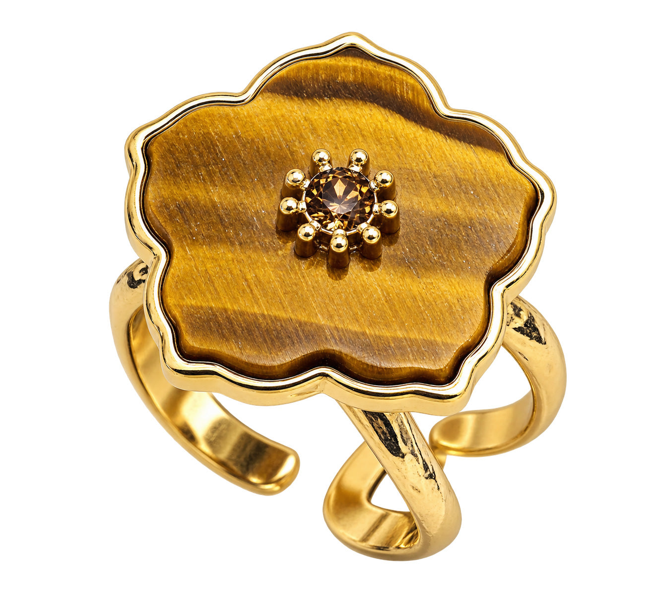 Ring, goldfarben mit Tigerauge-Blüte & Strassstein – Edelstahl, größenverstellbar