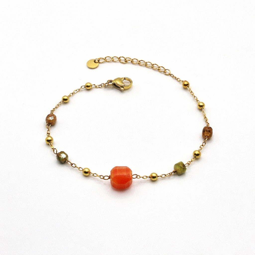 Armband Karneol goldfarben aus Edelstahl, Natursteine Orange und Olivgrün