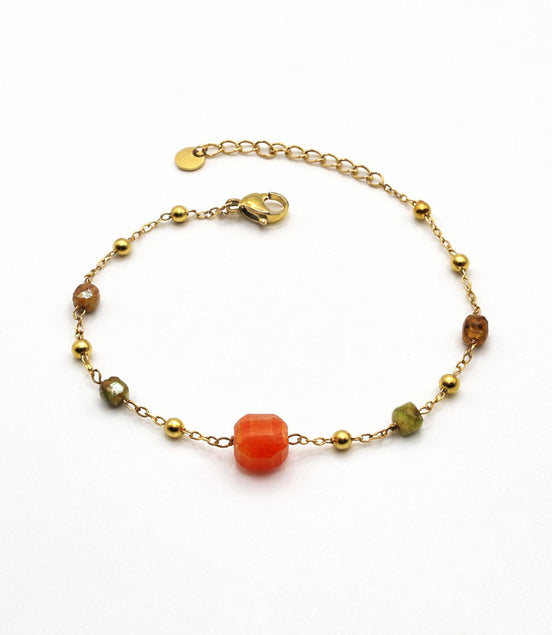 Armband Karneol goldfarben aus Edelstahl, Natursteine Orange und Olivgrün