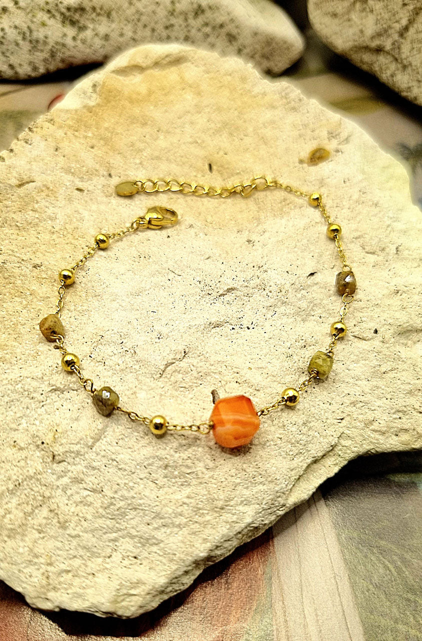 Armband Karneol goldfarben aus Edelstahl, Natursteine Orange und Olivgrün