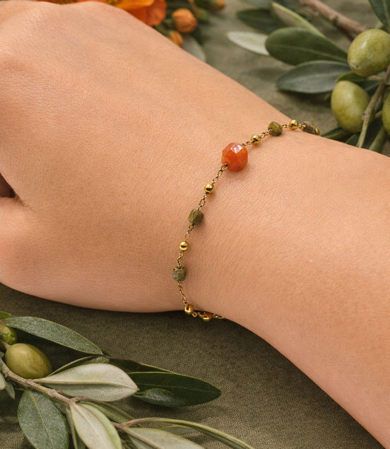 Armband Karneol goldfarben aus Edelstahl, Natursteine Orange und Olivgrün