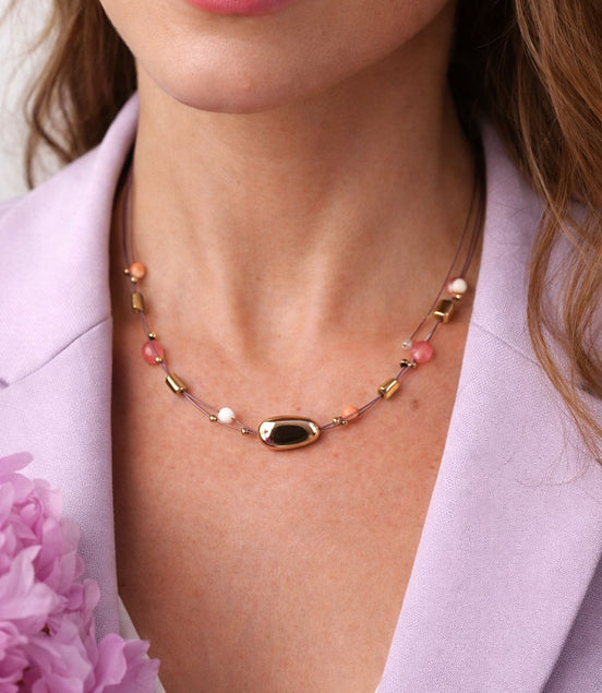 Delicate Necklace with Natural Stones & Pearls – Gold Pink
