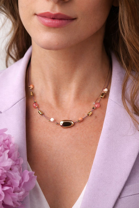 Halskette filigran mit Natursteinen & Perlen – Gold Rosa