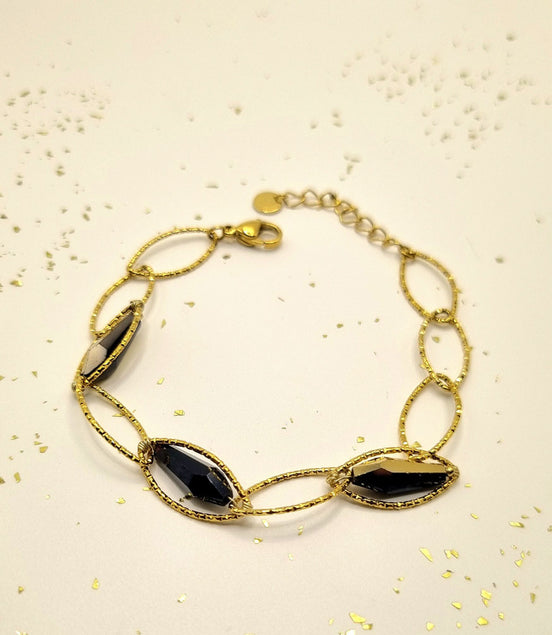 Armkettchen Mesh goldfarbener Edelstahl Oval mit schwarzen Glasperlen