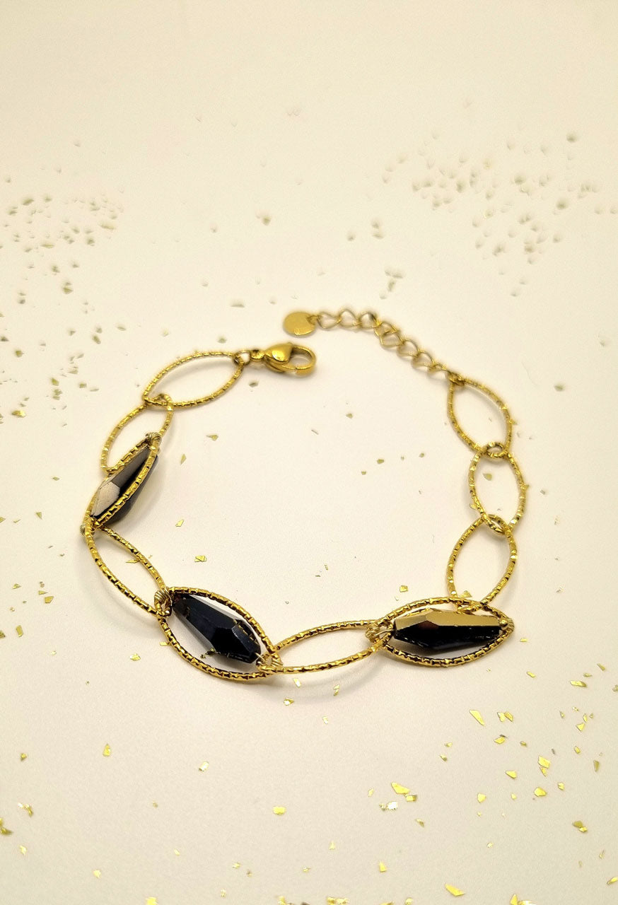 Armkettchen Mesh goldfarbener Edelstahl Oval mit schwarzen Glasperlen
