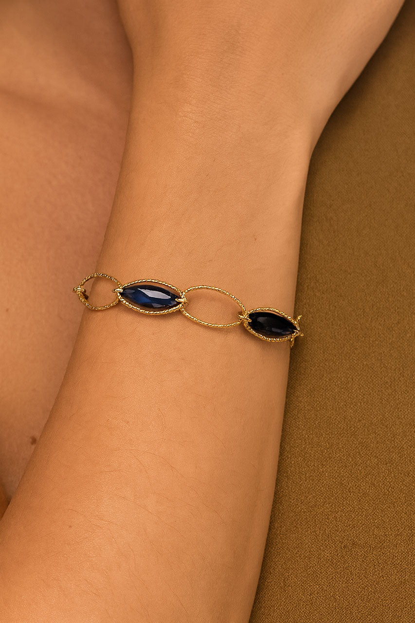 Armkettchen Mesh goldfarbener Edelstahl Oval mit schwarzen Glasperlen