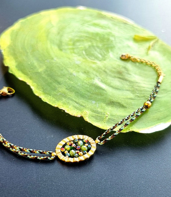 Green-Gold Cord Bracelet with Glass Beads & Oval Element