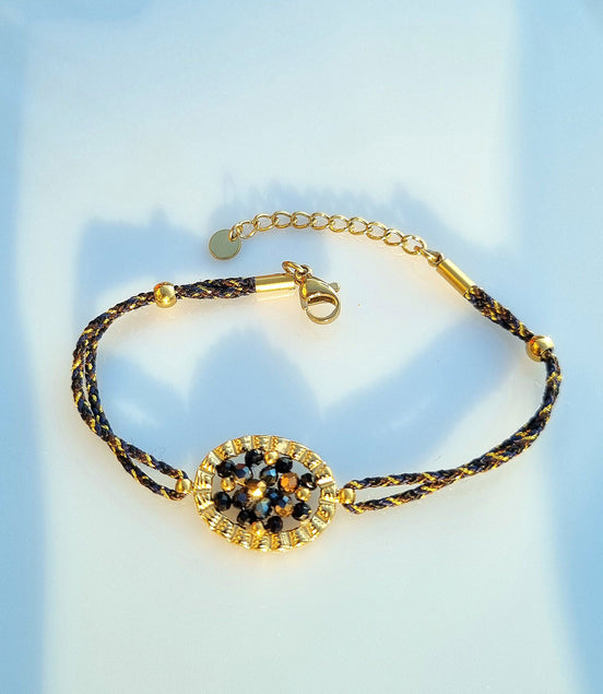 Cord bracelet with glass beads & oval element – black & gold